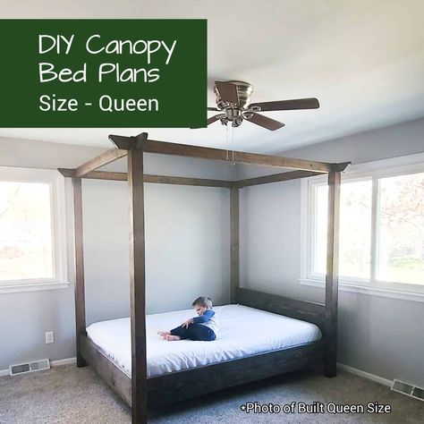 Hubby How To: DIY Canopy Bed Bed Frame Canopy, Queen Bed Plans, Montessori Bed Plans, King Size Canopy Bed, Queen Size Canopy Bed, Plan Furniture, Bed Frame Plans, Canopy Bed Diy, Canopy Bed Frame