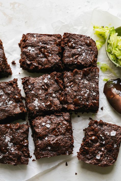 Chocolate Tahini Zucchini Brownies - Soom Foods Tahini Brownies, Vegan Butter Substitute, Chocolate Zucchini Brownies, Chocolate Tahini, Tahini Recipe, Zucchini Brownies, Flaky Salt, Vegan Butter, Delicious Chocolate