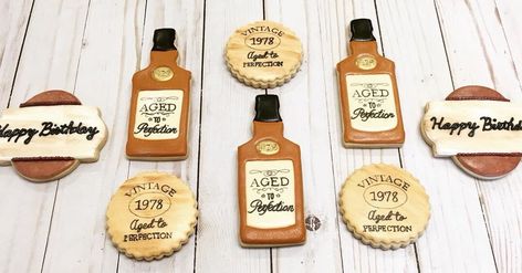 Aged to perfection birthday cookies! Whiskey Bottle Cookies Decorated, Bottle Cookies Decorated, 40 Th Birthday, Whiskey Party, Beer Cookies, Whiskey Birthday, Beer Olympics, Cookie Birthday, 40th Bday Ideas