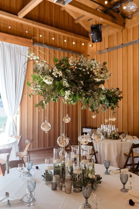 Tall Round Table, Delphinium White, Round Table Centerpiece, White Delphinium, Tall Flower Arrangements, Round Wedding Tables, Round Table Decor, Lighted Centerpieces, Greenery Centerpiece