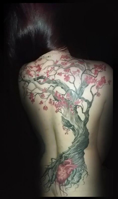 Blossom Tree Back Tattoo, Bulgaria Tattoo, Cherry Tree Tattoo, Cherry Blossom Back Tattoo, Tattoo Rug, Cherry Tree Tattoos, Tree Tattoo Back, Japanese Back Tattoo, Cute Thigh Tattoos