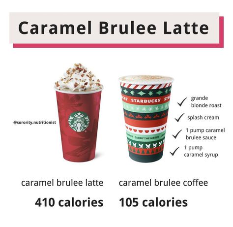 Starbucks Hot Recipes, Low Calorie Starbucks Holiday Drinks, Caramel Brulee, Low Calorie Starbucks Drinks, Healthy Coffee Drinks, Low Carb Starbucks Drinks, Caramel Brulee Latte, Coffee Orders, Starbucks Hacks