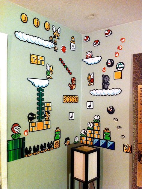 Perler Beads Decoration, Super Mario Bros Perler Beads, Perler Bead Super Mario, Perler Wall Decor, Small Mario Perler Bead Patterns, Hama Beads Room Decor, Perler Beads Wall Decor, Perler Beads Decor, Perler Beads Room Decor