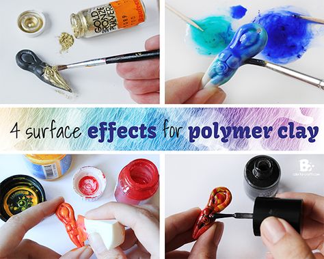 Create interesting polymer clay effects and finishes with 4 simple DIY techniques. Use metallic powders, pigments and paints to create interesting surface effects. How To Make Silicone, Liquid Polymer Clay, Polymer Clay Painting, Diy Jewelry Making Tutorials, Diy Techniques, Polymer Clay Mold, Metal Clay Jewelry, Polymer Clay Projects, Molding Clay