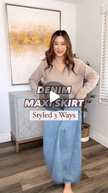 Sandy on Instagram: "Comment “WANT IT” to get the details to these denim maxi skirt outfits sent to your DM!! I love how skirts like these can be dressed up or down for Fall!! 🤎 #targetskirt #denimmaxiskirt #1piecestyled3ways #fallstyle #amazonfashion #targetcircleweek" Denim Maxi Skirt Outfit Fall, Long Blue Jean Skirt Outfits, Denim Maxi Skirt Outfit Winter, Jean Skirt Winter Outfit, Denim Maxi Dress Outfit, Long Jean Skirt Outfits Winter, Long Jean Skirt Outfits Fall, Denim Midi Skirt Outfit Winter, Maxi Jean Skirt Outfits