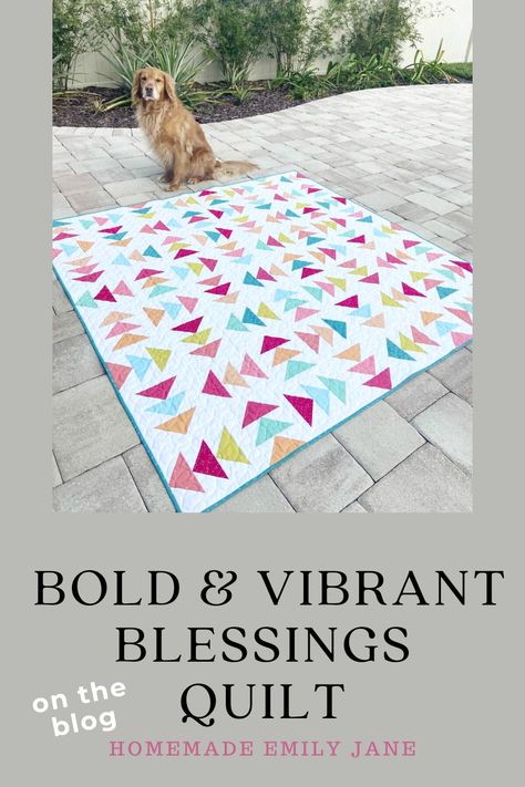 Looking for a BOLD and VIBRANT modern Flying Geese Quilt Pattern?! You will love this Blessings Quilt! It’s a total party! It’s vibrant, fun, and great for a beginner quilter who wants to learn a new quilt block technique! Learn more about the Blessings quilt pattern on the Homemade Emily Jane blog. Free Flying Geese Quilt Patterns, Flying Geese Quilt Ideas, Modern Flying Geese Quilt, Flying Geese Quilt Pattern, Geese Quilt Pattern, Hst Quilts, Geese Quilt, Beginner Quilting, Fat Quarter Quilt Pattern