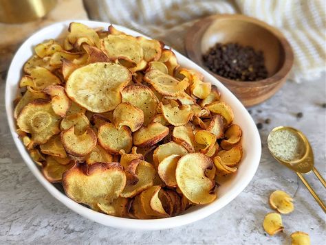 Baked Parsnip Chips Chorizo Queso Dip, March Madness Food, Chips Air Fryer, Chorizo Queso, Parsnip Chips, Cranberry Salsa, Workout Eating, Greek Seasoning, Food Slicer