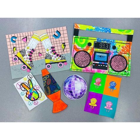 Boom Box Art, Ring Pop Art Lesson, Neon Art Projects Elementary, Disco Ball Art Lesson, Lava Lamp Art Project, Glow Art Projects, Disco Ball Art Project, Neon Art Projects, End Of Year Art Projects