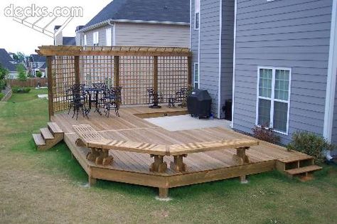 16x12 Deck, Low Deck To High Pool Deck, Large Rectangular Deck Layout, Small Deck With Large Patio, High Elevation Deck With Patio, Deck With Wide Staircase, Low Deck Designs, Deck Benches, Landscaping Around Deck