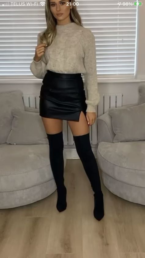 Black Leather Skirt New Years Outfit, Holiday Leather Skirt Outfit, Leather Skirt Outfit Ideas Winter, Black Leather Skirt Fall Outfit, Leather Skirt Holiday Party Outfit, Cognac Skirt Outfit, Christmas Party Outfits Knee High Boots, Black Faux Leather Skirt Outfit Winter, Leather Skirt With Boots Outfit