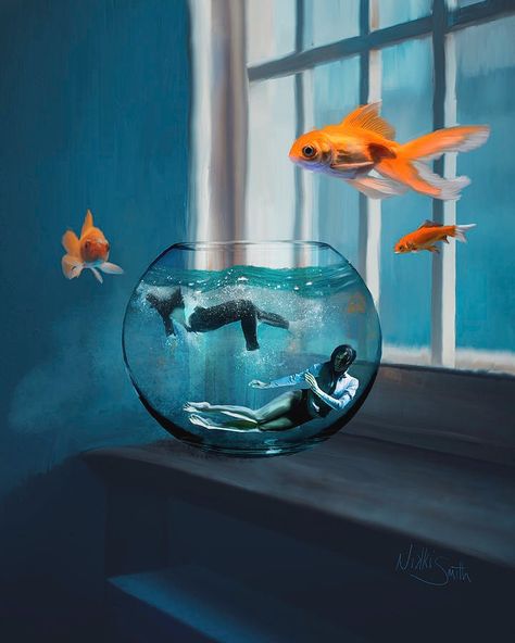 Fish Bowl Aesthetic, Fish Bowl Art, Pink Floyd Artwork, Aesthetic Fish, Two Lost Souls, Bowl Aesthetic, Pink Floyd Art, Surealism Art, Beautiful Bizarre