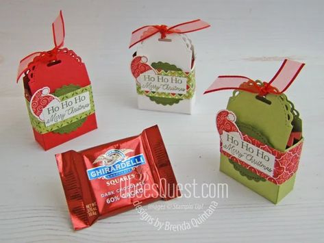 Ghirardelli Squares Treat Boxes - Qbees Quest | Stampin' Up, Little Treats Stamp Set, Little Treat Box Dies, Christmas Favors, Stocking Stuffers, Papercrafting, Tutorial Ghiradelli Treat Holder, Christmas Treats Holders, Christmas Craft Show, Sweet Paper, Diy Money, Candy Holder, Treat Holder, Treat Box, Craft Show Ideas