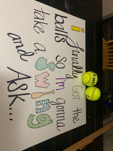 Pitcher Promposal, Softball Dance Proposal, Promposal Ideas Softball, Promposal Ideas For Softball Players, Softball Promposals, Softball Homecoming Proposals, Prom Sign Ideas, Softball Promposal, Baseball Promposal