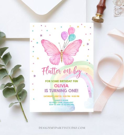 Editable Butterfly Birthday Invitation Butterfly Invitation Garden Floral Flowers Pink Gold Girl Download Printable Template Corjl 0162 Butterfly Birthday Party Invitations, Butterfly Invitation, Butterfly Invitations, Butterfly Birthday Party, Outer Space Birthday, Rosa Gold, First Birthday Banners, Girl 2nd Birthday, Butterfly Party