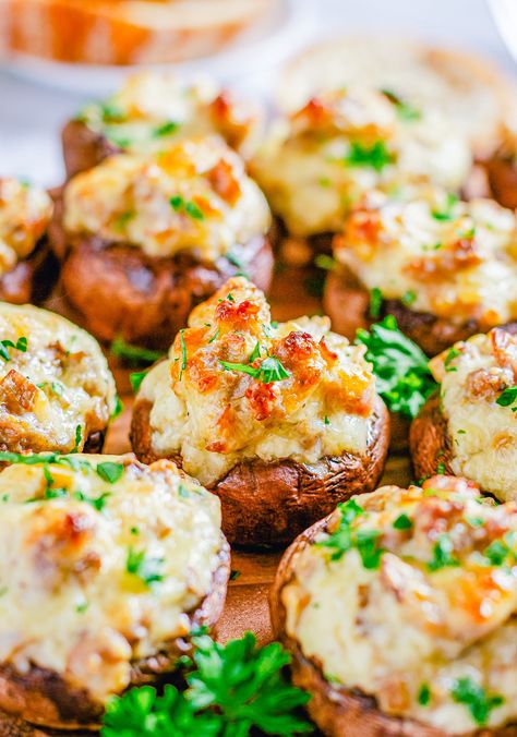 Sausage Stuffed Mushrooms with Cream Cheese Stuffed Mushrooms Easy, Cream Cheese Appetizer, Sausage Stuffed Mushrooms, Cheese Stuffed Mushrooms, Classic Appetizers, Stuffed Mushroom, Chips And Salsa, Easy Snack Recipes, How To Cook Sausage