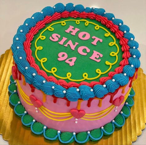 Bright colorful birthday cake Grocery Birthday Cake, Grocery Store Cake, Fake Cakes, Vintage Birthday Cakes, Pretty Cake, Birthday Cake Decoration, Cookie Bakery, 30th Bday, Fake Cake