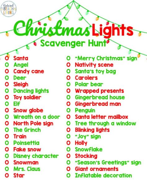 Christmas Lights Scavenger Hunt Free Printable - Natural Beach Living Printable Christmas Lights, Christmas Lights Scavenger Hunt, Christmas Light Scavenger Hunt, Healthy Christmas Snacks, Christmas Charades, Greeting Sign, Christmas Scavenger Hunt, Christmas Light Show, Traditions To Start