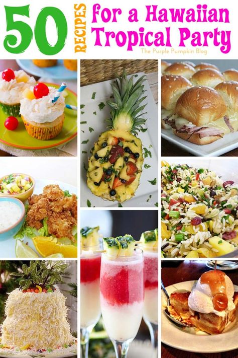 50+ Recipes for a Hawaiian Tropical Party. All the food & drink ideas you need from burgers, salads, and pork dishes, to desserts and drinks, there is a Hawaiian Tropical recipe for all! Tropical Food Recipes, Recipes For A Party, Hawaiian Party Food, Tropisk Fest, Luau Party Food, Hawaiian Drinks, Luau Food, Hawaiian Dishes, Tropical Food