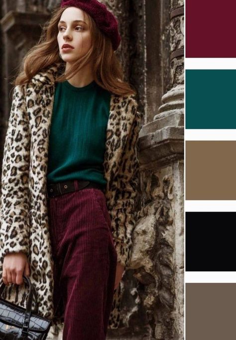 Leopard Print Outfits Color Combos, Deep Winter Palette Outfits, Autumn Color Palette Fashion, Informal Attire, Leopard Print Outfits, Colour Combinations Fashion, Burgundy Outfit, Look Office, Color Combos Outfit