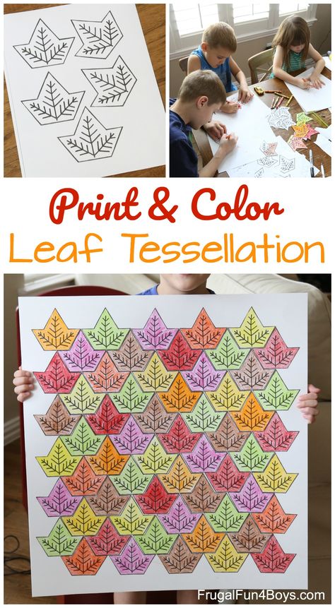 Leaf Tessellation Collaborative STEM Art Project - fun fall STEM activity! Great to do at home, or with a class. Fall Tesselation Art, Leaf Tessellation, Pattern Art For Kids, Goodness Craft, Fruit Of The Spirit Goodness, Fall Leaf Art, Fall Stem Activities, Kids Math Activities, Tessellation Art