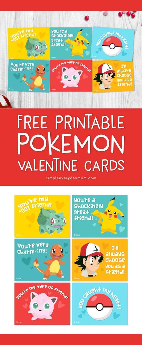 Pokemon Valentines Cards | Kids will love these printable Pokemon cards featuring bulbasaur, pikachu, charmander, Ash and jigglypuff! They're bright, colorful and fun! #pokemon #pikachu #bulbasaur #charmander #valentinesforkids #printablesforkids #simpleeverydaymom #ichooseyou #valentinesdaycrafts #elementaryschool #gottacatchemall #valentines Pokemon Valentines Box, Pokemon Valentine Cards, Pokemon Valentines, Free Printable Pokemon, Free Valentine Cards, Pokemon Valentine, School Valentine Cards, Pokémon Birthday, Pokemon Diy