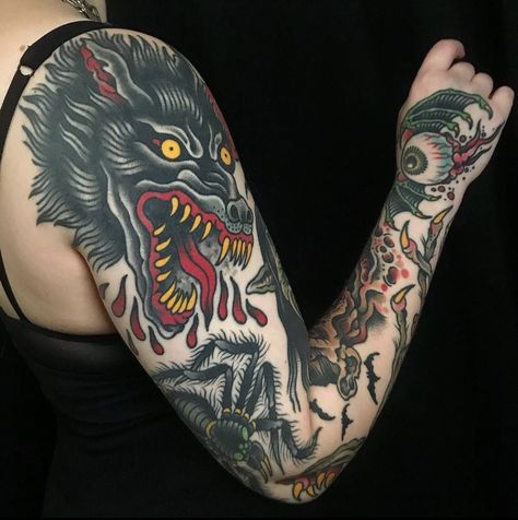 American Traditional Face Tattoo, Emo Traditional Tattoo, Trad Shoulder Tattoo, Cerberus Tattoo Traditional, Shoulder Wolf Tattoo, Cool Elbow Tattoos, Goth American Traditional Tattoo, Traditional Eyeball Tattoo, American Traditional Shoulder Tattoo