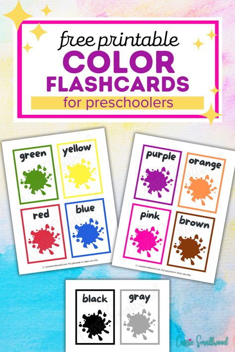 Free printable color flashcards for preschool kids with paint splotches Preschool Color Recognition Activities, Color Flash Cards Printable, Color Flashcards Free Printable Teaching, Colour Flashcards Free Printable, Color Cards Preschool Free Printables, Preschool Colors Printables Free, Preschool Flashcards Free Printable, Flash Cards For Kids Ideas, Color Sensory Activities