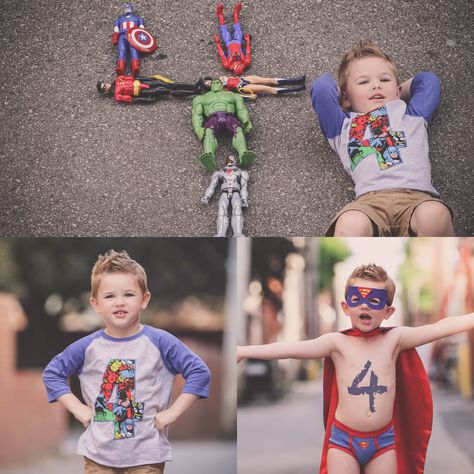 Marvel Birthday Photoshoot, Superhero Birthday Photoshoot, Super Hero Photo Shoot, 4th Birthday Pictures, Baby Birthday Pictures, Superhero Photoshoot, Birthday Photoshoot Ideas Boys, 4th Birthday Party For Boys, Boy Birthday Pictures