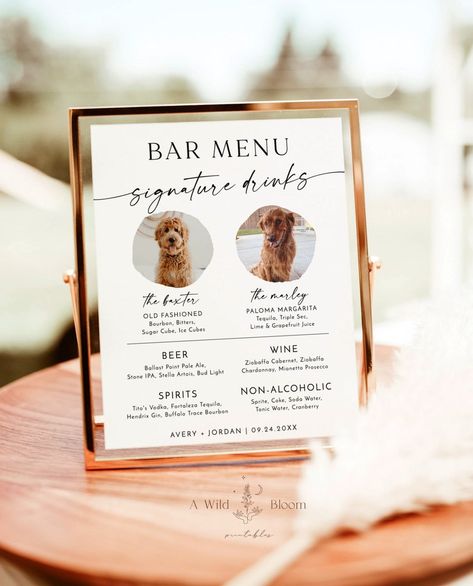 Dog Signature Cocktail, Dog Signature Drink, Specialty Cocktails, Signature Drink Sign, Cocktail Sign, Signature Cocktail Sign, Minimalist Font, Event Bar, Bar Menu Wedding