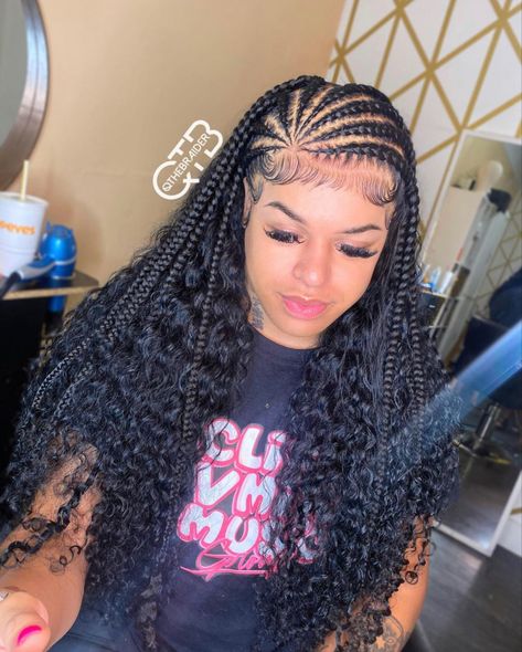 Braids Im Front Weave In Back, Braids At Top With Sew In, Braid Front Weave Back, Half Braids Curly Hair, Cornrow Front Curly Weave Back, Braid In The Front Curly In The Back, Half Feed In Half Box Braids, Cornrows In Front Weave In Back, Feed In Braids With Curly Hair