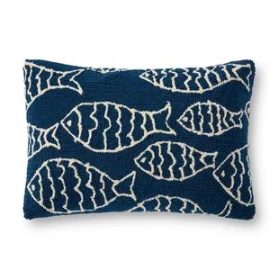 Rosecliff Heights Lovella Decorative Outdoor Rectangular Pillow Cover | Wayfair Loloi Pillows, Navy Pillows, Hooked Pillow, Fish Pattern, Rectangular Pillow Cover, Rectangle Pillow, Loloi Rugs, Outdoor Cushions And Pillows, Fish Patterns