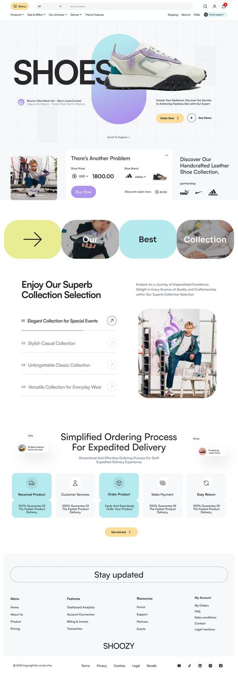 Shoozy - eCommerce Landing Page by Sans Design for Sans Brothers on Dribbble Ecommerce Landing Page, Learn Ux Design, Facebook Icons, Shopify Templates, Grid Design, Job Board, Landing Page Design, Handcrafted Leather, Facebook Instagram