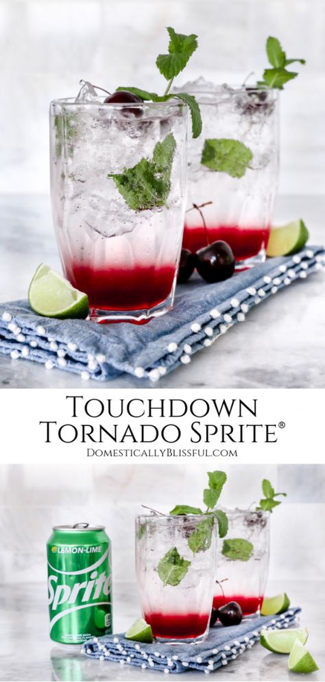 #AD This Touchdown Tornado Sprite® is a fun twist on a Virgin Cherry Mojito that's perfect for football season. #HostwithCocaCola @SheSpeaksUp | Non-alcoholic cherry mojito  recipe made with Sprite®, fresh mint, lime, & cherry syrup. | A fun football party drink recipe that adults and kids will love. | Tornado Party Food Ideas, Virgin Mojito Recipe With Sprite, Sprite Mocktail, Cherry Mojito Recipe, Football Party Drinks, Tornado Party, Gameday Foods, Cherry Mojito, Drinks With Sprite