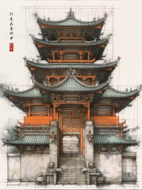 China Building Drawing, Chinese Pagoda Drawing, Chinese Temple Drawing, Chinese Structure, Japanese Architecture Drawings, Palace Drawing, Chinese Temples, Korean Architecture, Chinese Buildings