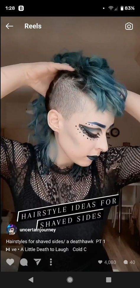 Deathhawk Hairstyles, Deathhawk With Bangs, Short Deathhawk, Mohawk Designs, Queer Mullet Shaved Sides, Goth Mullet Shaved Sides, Shaved Side Hairstyles Alt, Fluffy Mohawk Punk, Punk Side Shave