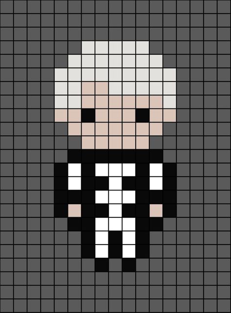 A pixel art template of the singer Gerard Way (from My Chemical Romance, the brand, also known as M.C.R) dressed in a skeleton costume with white like hair.

Originally by Experimental Tie Dye on Instagram. Gerard Way Perler Beads, My Chemical Romance Perler Beads, Mcr Kandi Pattern, Mcr Perler Bead Patterns, Cool Pearler Bead Designs, My Chemical Romance Crochet, Perler Bead Patterns Emo, Band Perler Beads, Emo Perler Bead Patterns