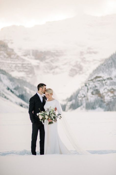 Winter Mountain Wedding at Lake Louise in Banff National Park – Style Me Pretty Winter Mountain Wedding, Wedding At Lake, Rustic Mountain Wedding, Young Wedding, Winter Wedding Photos, Snow Wedding, Winter Elopement, Winter Mountain, Winter Wedding Inspiration