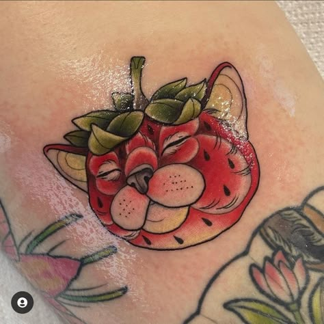 Strawberry Animal Tattoo, Neo Trad Tattoo Ideas, Neo Trad Strawberry Tattoo, Strawberry Cat Tattoo, Strawberry Cow Tattoo, Balanced Tattoo, Neotrad Tattoo Design, Nature Leg Sleeve, Strawberry Tattoos