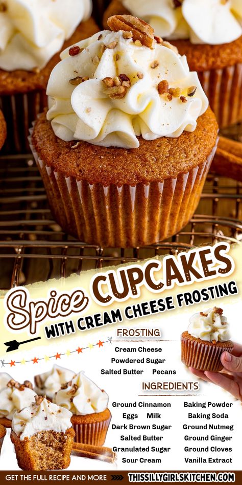 If you’re looking for a dessert that perfectly captures the cozy flavors of fall, these Spice Cupcakes topped with Cream Cheese Frosting are just what you need. With the warm flavor of spices like cinnamon, ginger, nutmeg, and cloves, these spice cupcakes are bursting with delicious flavor. Topped with a silky cream cheese frosting, they’re the perfect treat for any occasion—whether it’s a cozy night in or a festive gathering. Pumpkin Cupcakes With Cinnamon Cream Cheese Icing, Sweet Potato Cupcakes Cream Cheese, Spice Cupcakes With Cream Cheese Icing, Spice Cake Cupcakes Recipes, Gingerbread Cupcakes With Cinnamon Cream, Thanksgiving Cupcake Flavors, Spice Cupcakes Recipes, Fall Cupcakes Flavors, Spice Cake Cupcakes