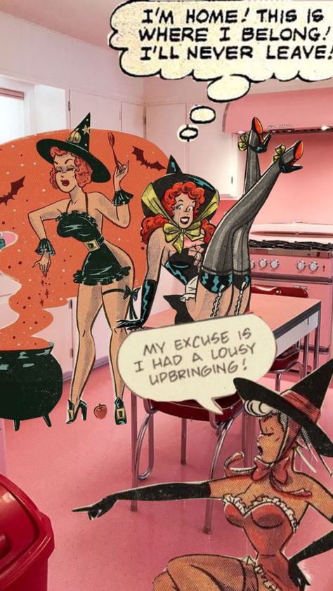 i don’t know it’s just cute witches in the kitchen #witches #vintage #aesthetic #50s #halloween 1950s Witch, Vintage Aesthetic 50s, 50s Halloween, Kitchen Witches, Halloween Pinup, Cute Witches, 1950s Halloween, Vintage Wife, Cartoon Witch