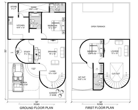 Hello and welcome to “Architego” , the length and width of this house plan are 30ft x 50ft. This house plan is built on 1500 sqft property. It is a 2Bhk duplex house plan with a front garden, a car parking, study room and a terrace. House gets unique elevation from its rounded walls. All the spaces have access to sunlight and natural ventilation. 500 Square Foot House Plans, House Plan With Garden, 30 X 50 House Plans, 30x50 House Plans, Duplex House Plan, Round House Plans, North Facing House, Stair Plan, Duplex Floor Plans