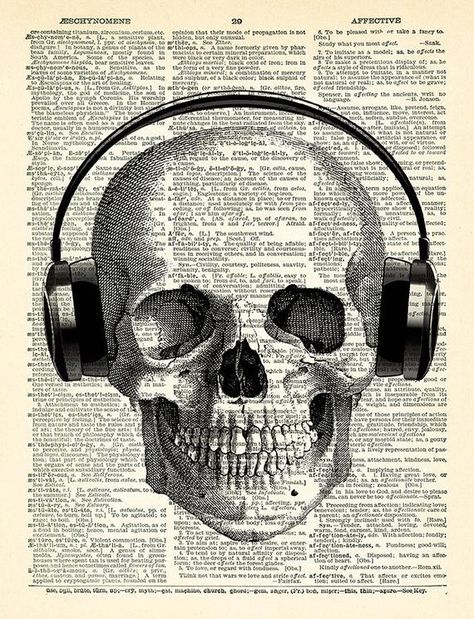 Skull with Headphone Art Print, Cool Goth Wall Decor, Skeleton Poster Art, Vintage Dictionary Page A Skeleton Kitchen, Headphone Art, Goth Wall Decor, Printable Posters Wall Art, Skull Drawings, Imagenes Dark, Headphones Art, Zimmer Diy, Grunge Wallpaper