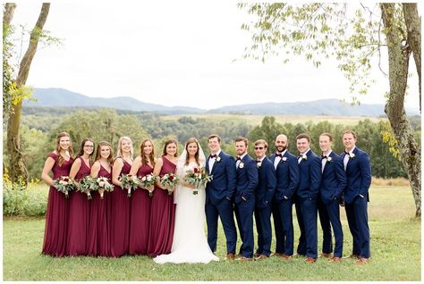 What Color Dress Goes With Navy Suit, Burgandy Bridesmaids Dress, Navy Groomsmen Suits, Dark Red Bridesmaid Dresses, Navy Blue Groom, Blue Fall Wedding, Blue Groomsmen Suits, Navy Groomsmen, Mulberry Bridesmaid Dresses