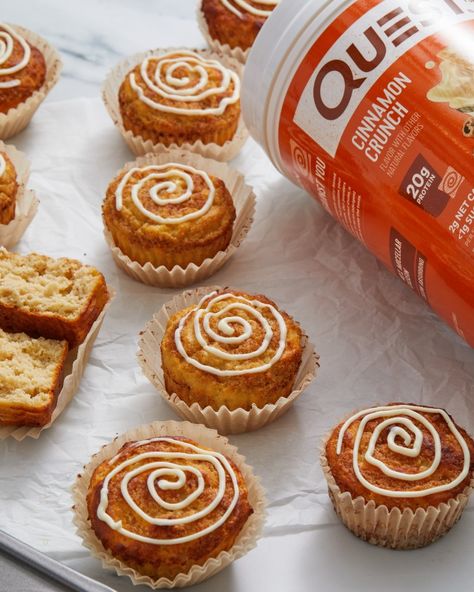 We contend that the cinnamon roll has gotten a bad name. Now Quest is here to fully redeem it with these Cinnamon Roll Protein Muffins. Get yourself some Quest Cinnamon Crunch flavor Protein Powder, and try this recipe for muffins you’ll be thinking about all day. Quest Cinnamon Crunch Recipes, Cinnamon Protein Powder Recipes, Quest Protein Powder Recipes, High Protein Waffle Recipe, Recipe For Muffins, Protein Powder Muffins, Quest Recipes, Aip Foods, Protein Snacks Recipes