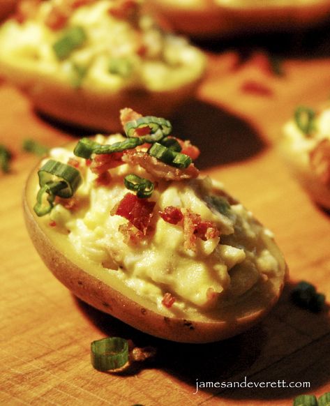 Deviled Potatoes | James & Everett Deviled Potatoes, Gameday Recipes, Deviled Egg, Potato Recipe, Potato Skins, Baked Potatoes, Potatoes Recipe, Perfect Appetizers, Superbowl Party