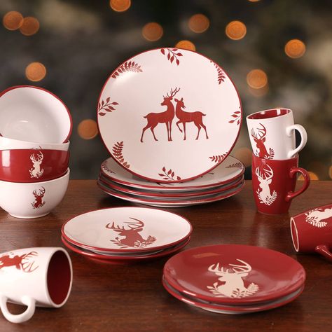 Four Person Christmas Stag Dinner Service Christmas Ceramic Plates, Christmas Pottery Ideas Ceramics Plates, Pottery Painting Christmas Plate, Christmas Tableware Plates, Christmas Bowl Decorations, Christmas Crockery, Christmas Plate And Cup Set, Painted Reindeer, Christmas Dinner Set