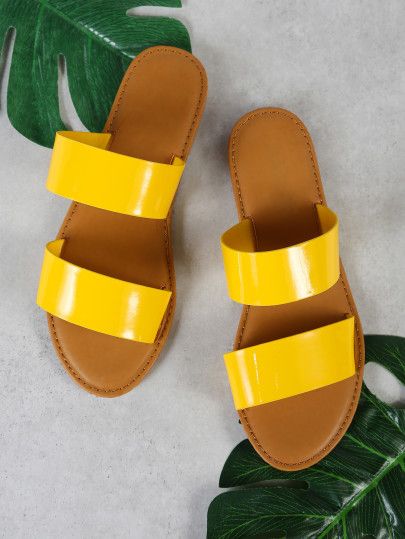 Patent Double Band Slide Sandal YELLOW -SheIn(Sheinside) Heels Shein, Elegant Shoes Heels, Shoes Inspiration, Yellow Sandals, Yellow Heels, Fashion Shoes Sandals, Open Toe Slippers, Shoes Outfit Fashion, Slide Slippers