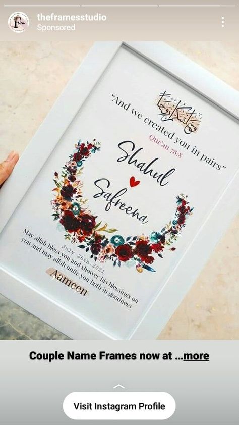 Pin by Rym Abuelkhair on Create in 2022 | Calligraphy for beginners, Wedding frame gift, Engagement cards Nikah Frame Gift, Arabic Calligraphy Frame Ideas, 2022 Calligraphy, Couple Frame, Happy Birthday Calligraphy, Wedding Cards Images, Engagement Frames, Collage Photo Frame Design, Photo Frame Crafts