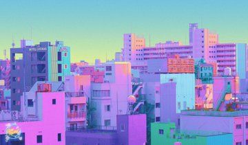 Purple Cyberpunk, Pastel Cityscape, Pastel Painting Ideas, Whatever Aesthetic, Aesthetic Buildings, Building Photography, Cottage Exterior, Calming Colors, City Prints