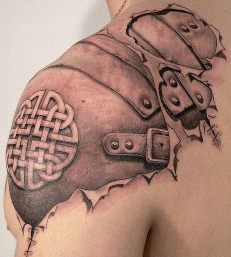 Leather Armor and Celtic knot tattoo Ripped Skin Tattoo, Armour Tattoo, Shoulder Armor Tattoo, Celtic Tattoo Designs, Celtic Knot Tattoo, Cool Shoulder Tattoos, Armor Tattoo, Irish Tattoos, Knot Tattoo